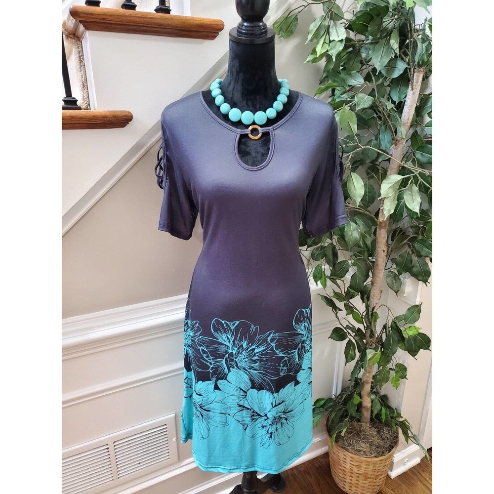 SHEIN Women Black & Blue Polyester Round Neck Short Sleeve Knee Length Dress L
